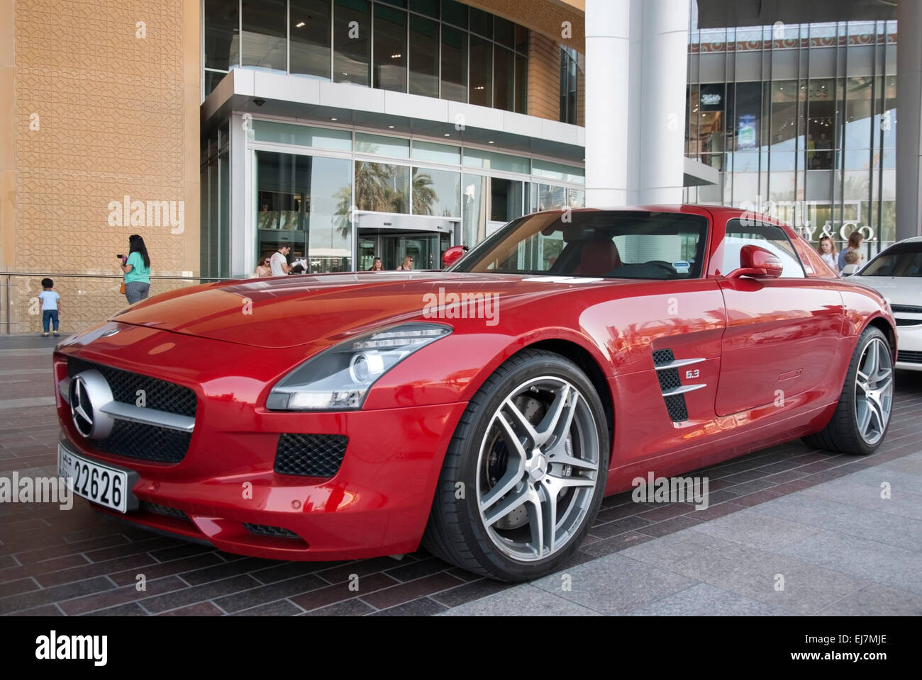 Bright Red Mercedes SLS 6.3 AMG Sports car Stock Photo