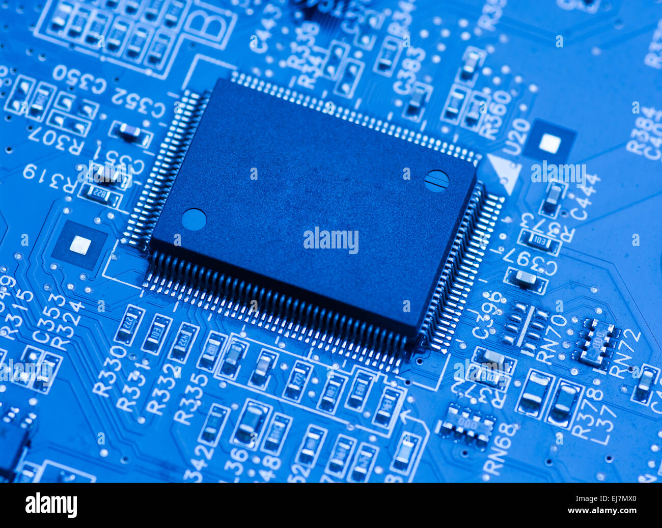 blue circuit board background of computer motherboard Stock Photo