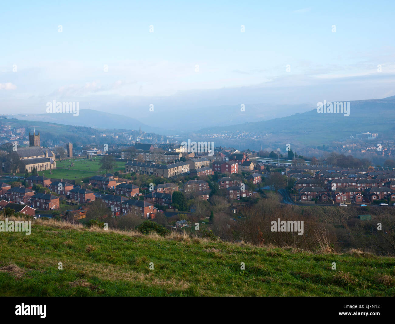 Misty day over Mossley with the pennine hills in the background