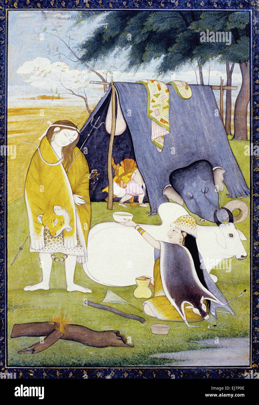 Shiva and his family. Garhwal, circa 18th. Century A.D., India Stock Photo