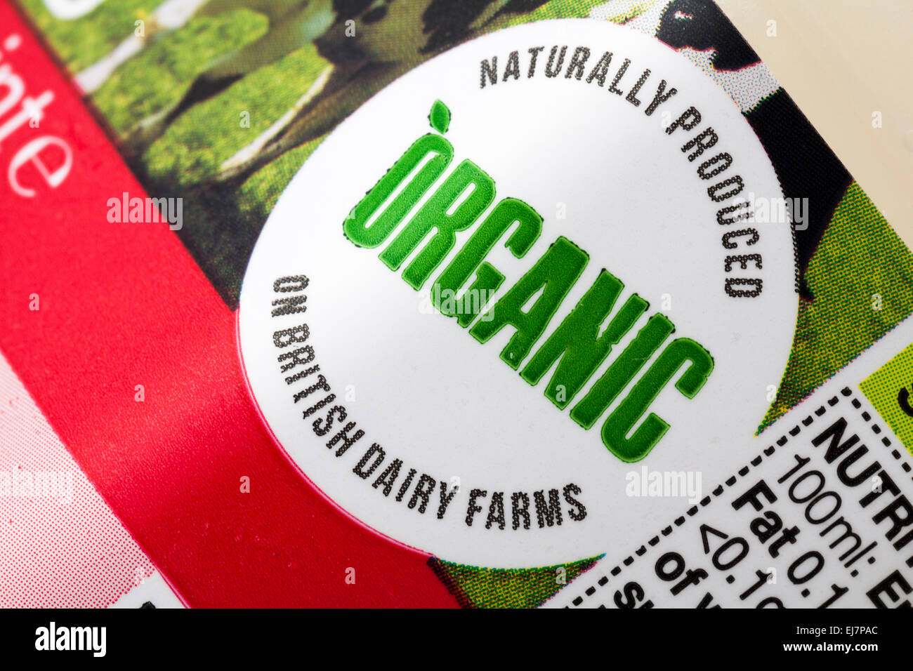 Organic naturally produced on British Dairy Farms - label on 1 pint of Marks & Spencer British Farm Assured skimmed milk - detail on milk carton Stock Photo