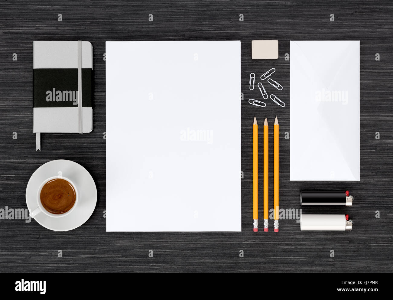 Branding identity mock up with templates for design presentation or portfolio on black table. Stock Photo