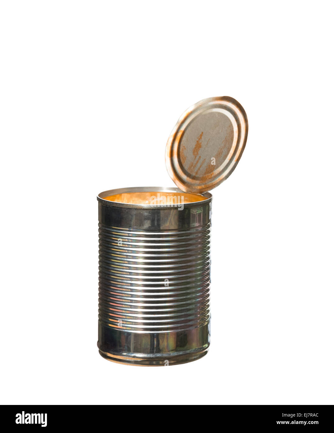 empty tin can with opened lid isolated on white background Stock Photo