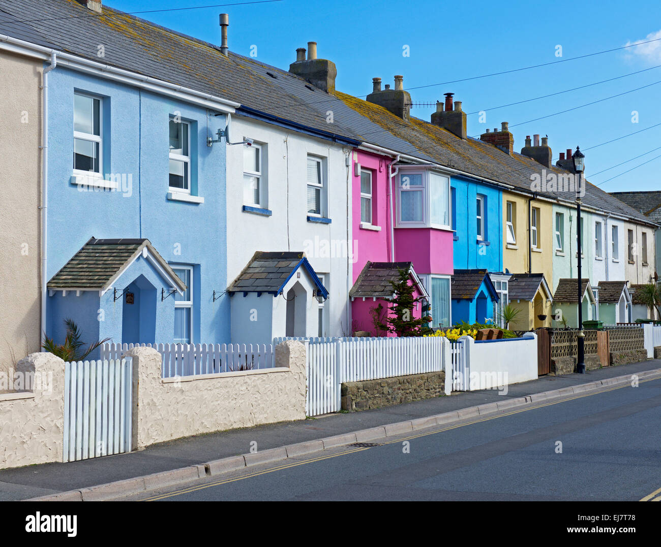 Terraced of brightly coloured houses in Westward Ho!, Devon, England UK