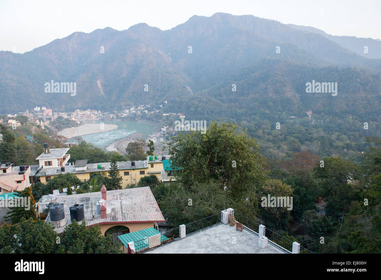 A view from Hill Top Swiss Cottage, Tapovan with an amazing vista looking over Rishikesh and the Ganges river Stock Photo