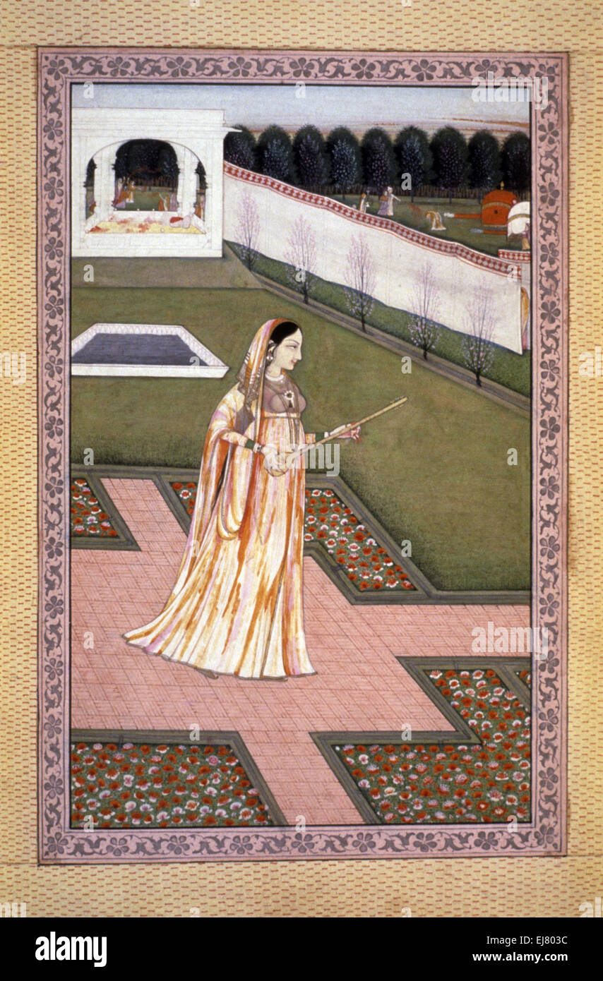 Lady alone at Holi festival. Rajput miniature painting circa circa ...