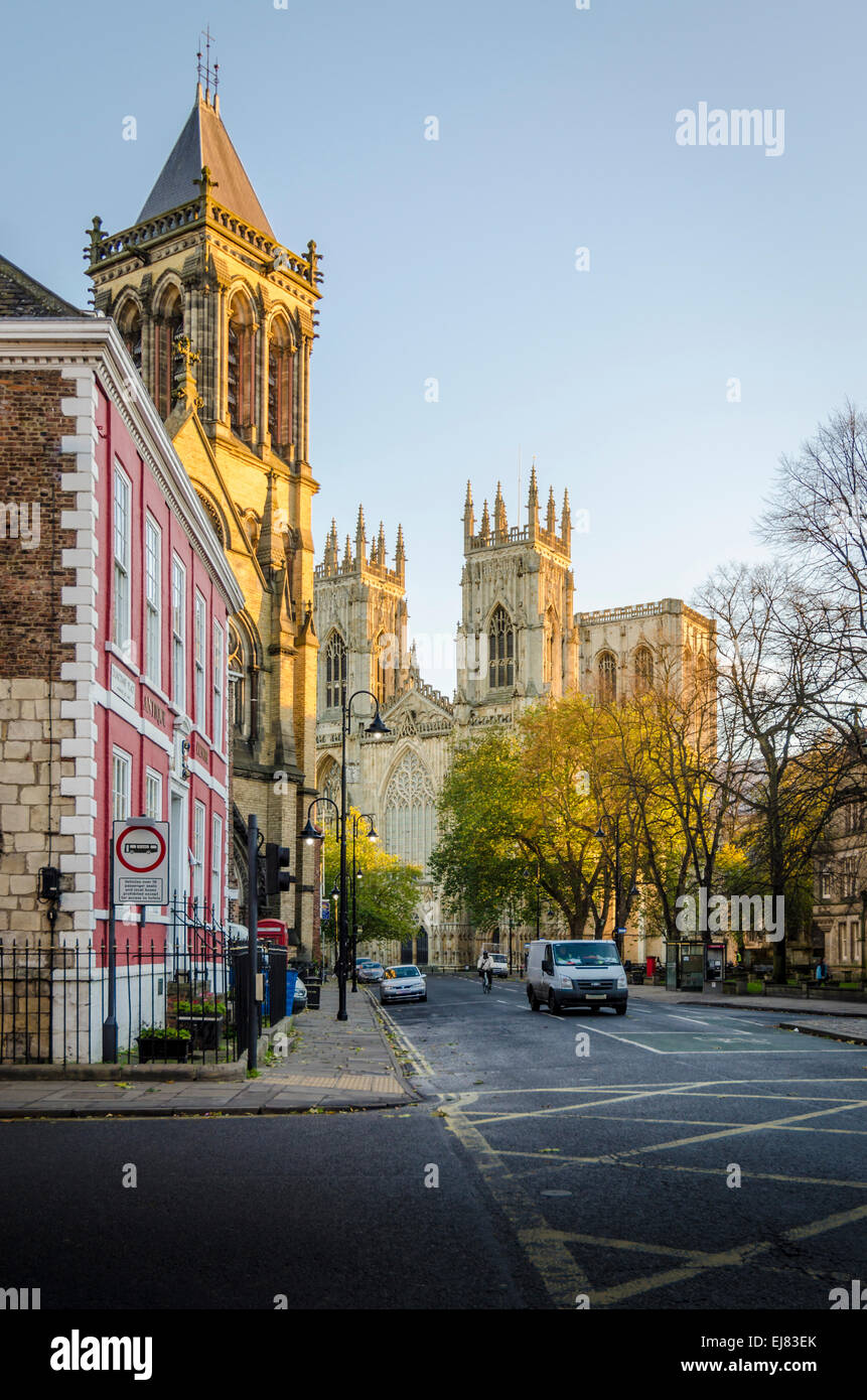 Street view of Place at dawn with St Wilfrid's church and York