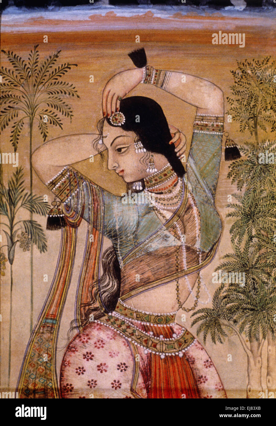Yakshi- A Hindu beauty. Mughal miniature painting circa 1700 A.D. India Stock Photo