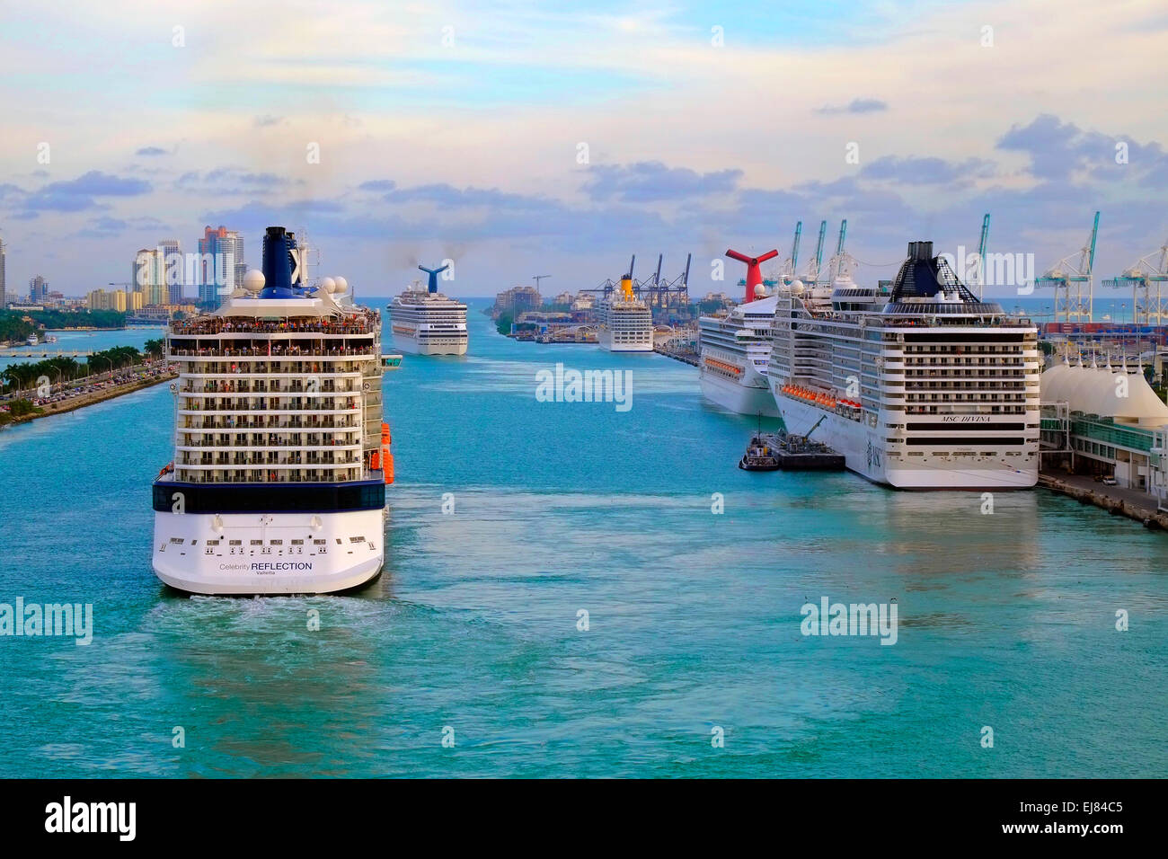 Cruise ships at the Port of Miami preparing to sail into the Caribbean