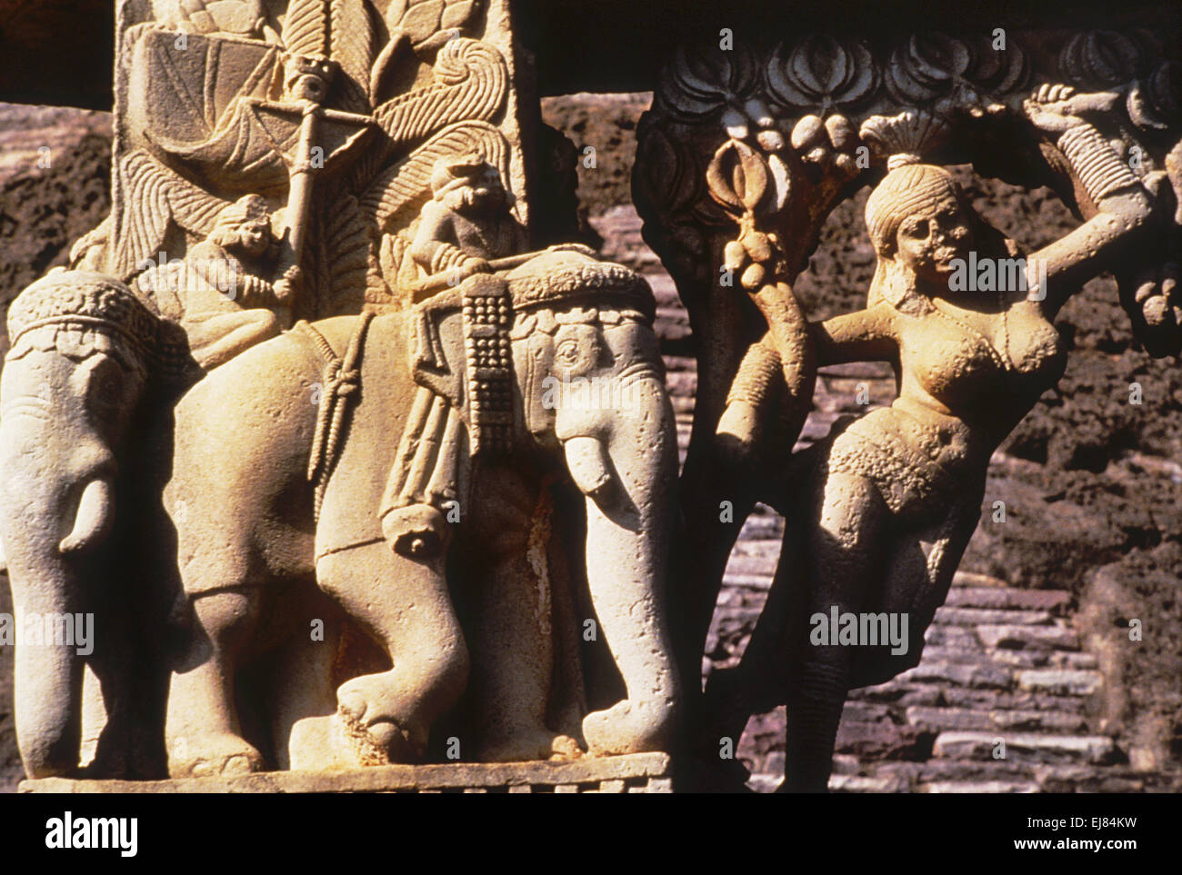 Stupa 1 or Great Stupa : East Torana, Yakshi and Elephants. Sanchi