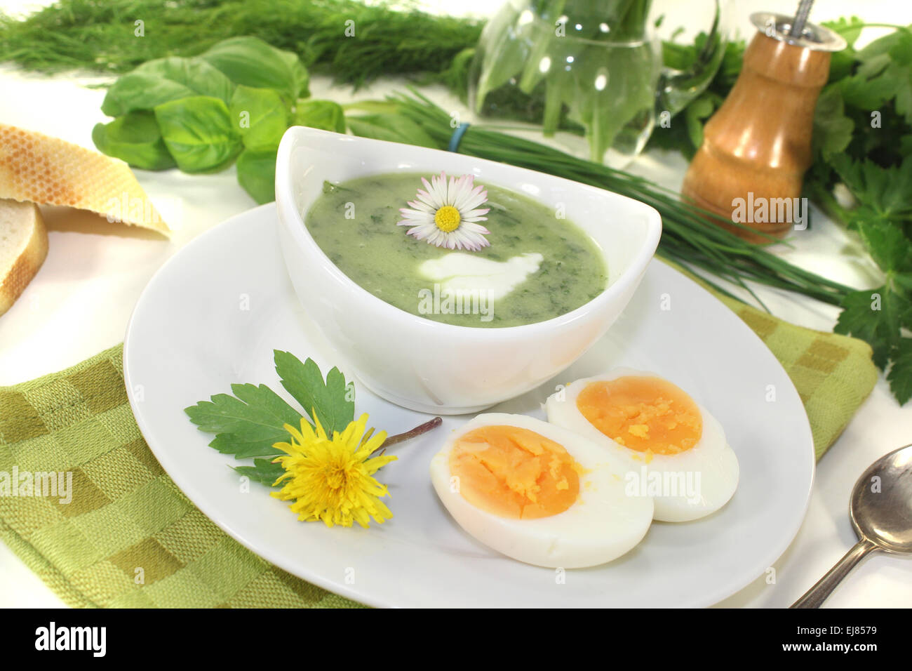 herbs soup with eggs, a dollop of cream Stock Photo