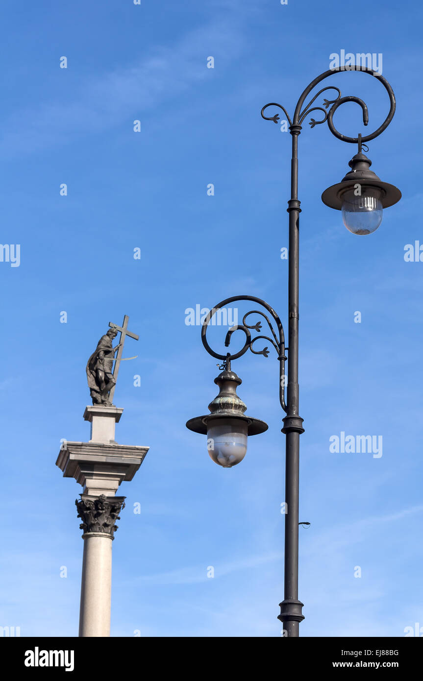 Street lamp and Zygmunt III Vasa. Stock Photo