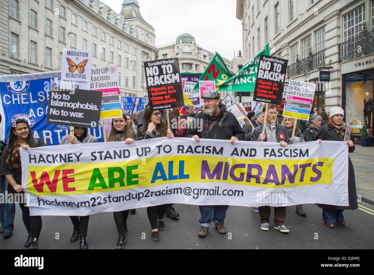 London UK, 21st March 2015: Protesters at the Stand Up To Racism & Fascism demonstration. Stock Photo