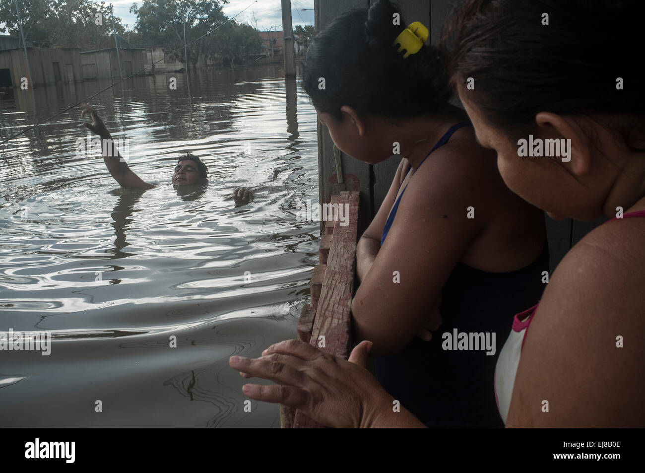 2015 flooding in Brazilian Amazon - flooded house in Taquari district, Rio Branco city, Acre State. Jose Alcides dos Santos swims in the dark and dirt waters of Acre river besides his house while his family waits in the balcony. Floods have been affecting thousands of people in the state of Acre, northern Brazil, since 23 February 2015, when some of the state’s rivers, in particular the Acre river, overflowed. Stock Photo