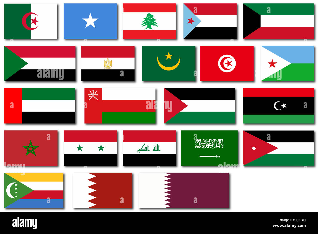 Flags of countries in The Arab League over a white background Stock Photo