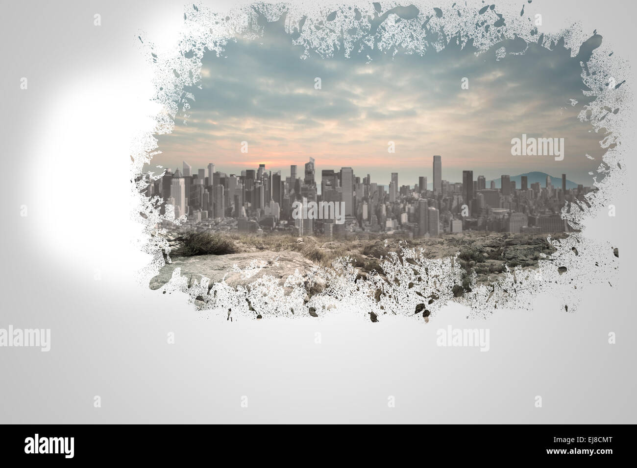 Splash on wall revealing cityscape Stock Photo