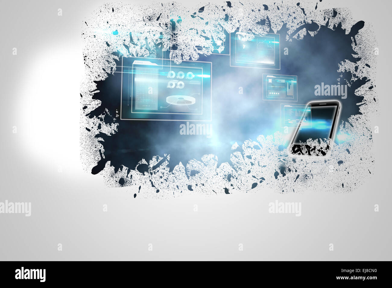 Splash on wall revealing technology interface Stock Photo