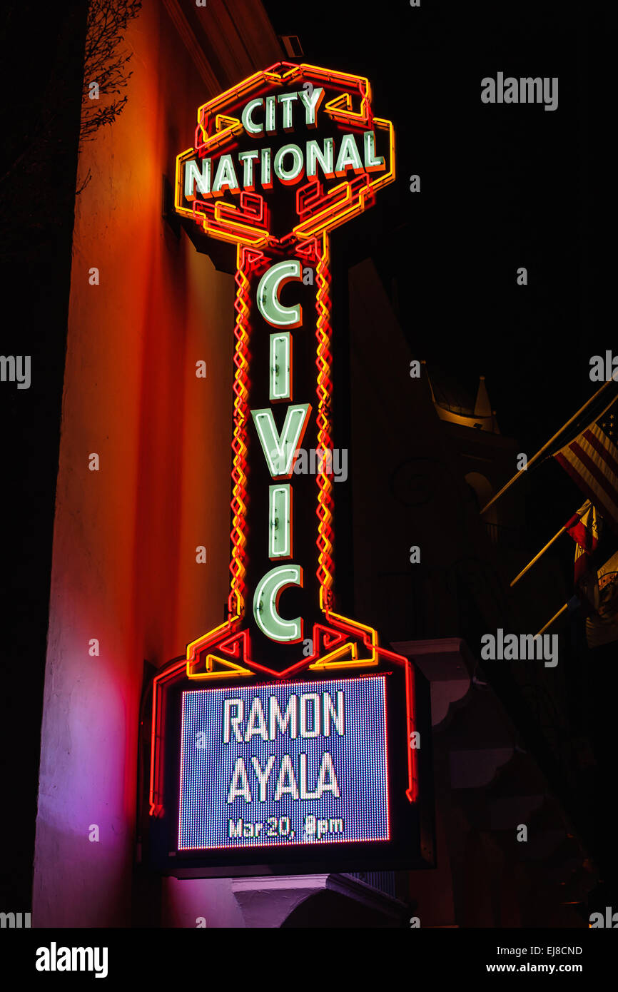 Marque sign outside of the City National Civic in downtown San Jose, Cal highlighting the performance of Ramon Ayala. Stock Photo