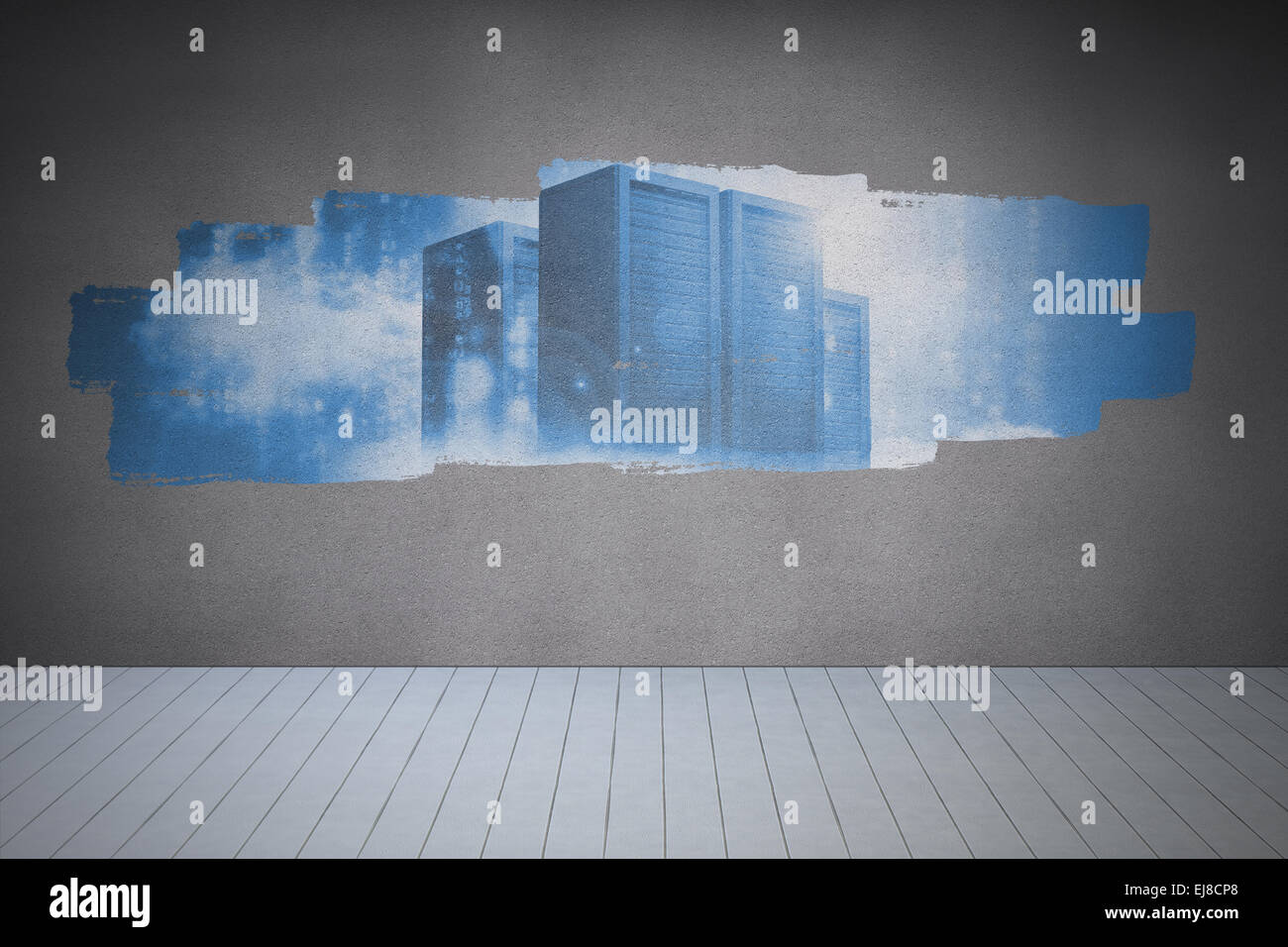 Display on wall showing server towers Stock Photo