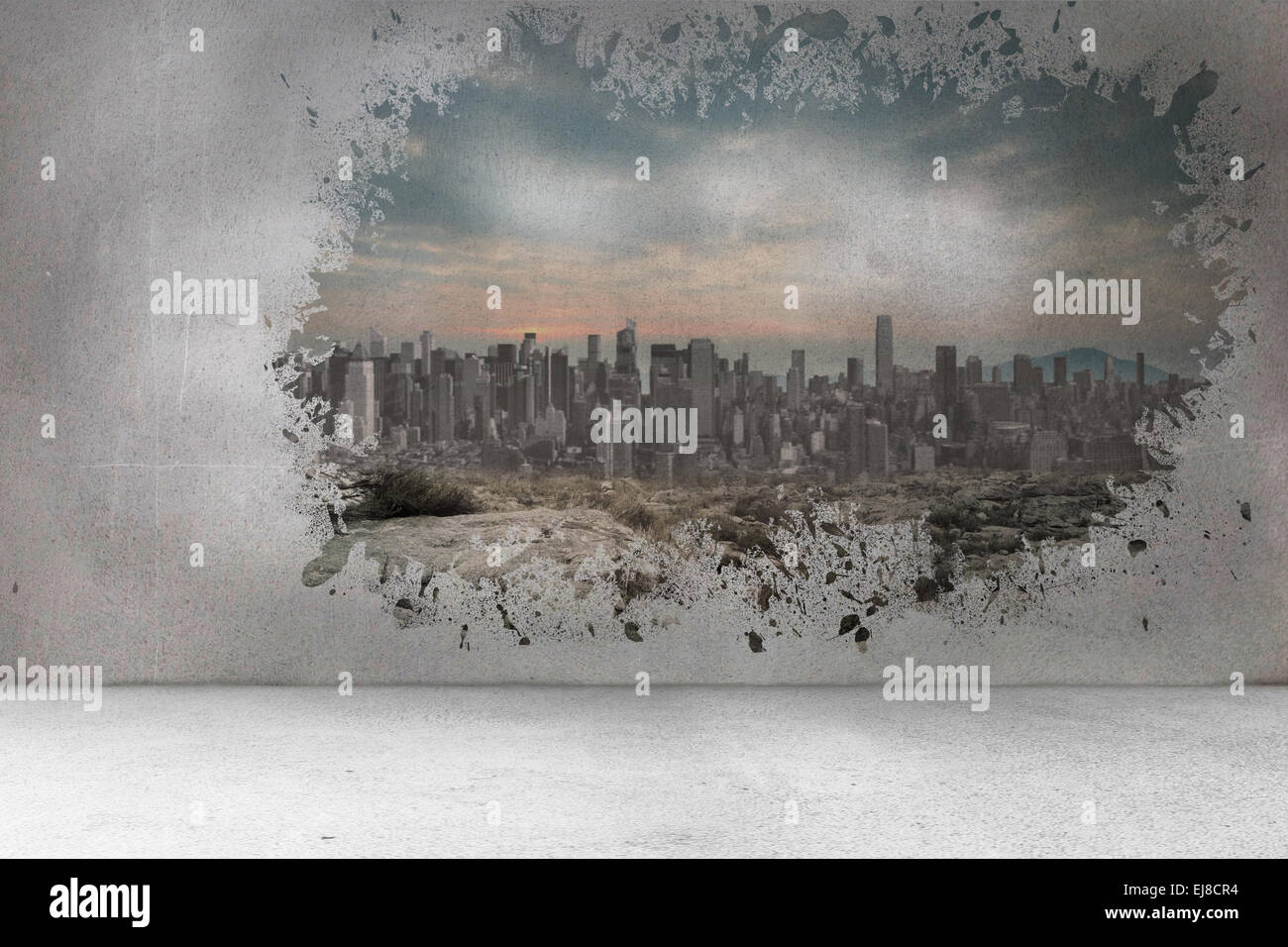 Splash on wall revealing city view Stock Photo