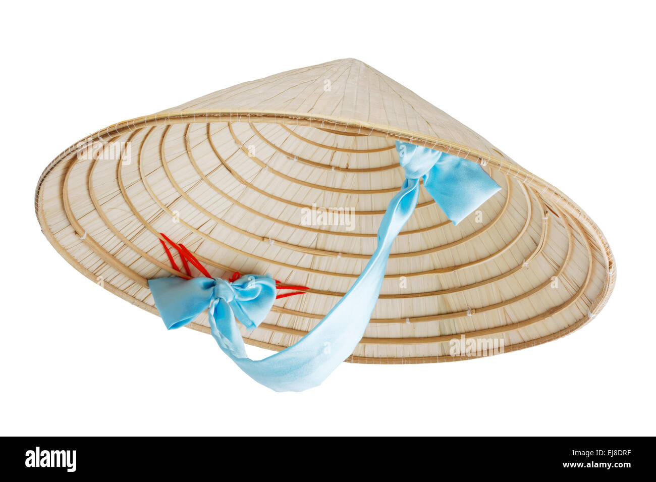 Vietnamese conical hat with blue ribbon isolated on white, studio shot Stock Photo