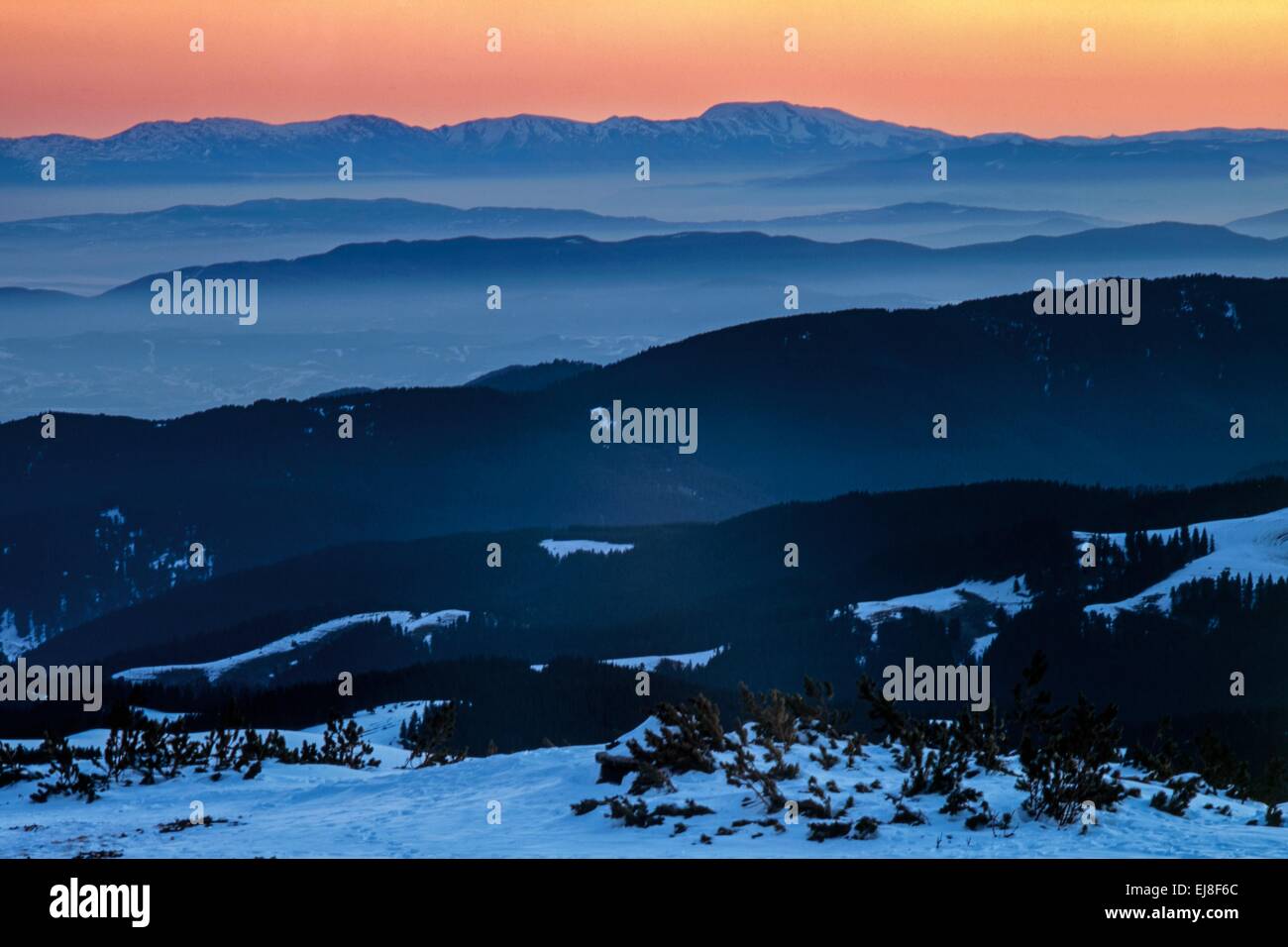 Beautiful sunrise over Rila mountain,Bulgaria Stock Photo