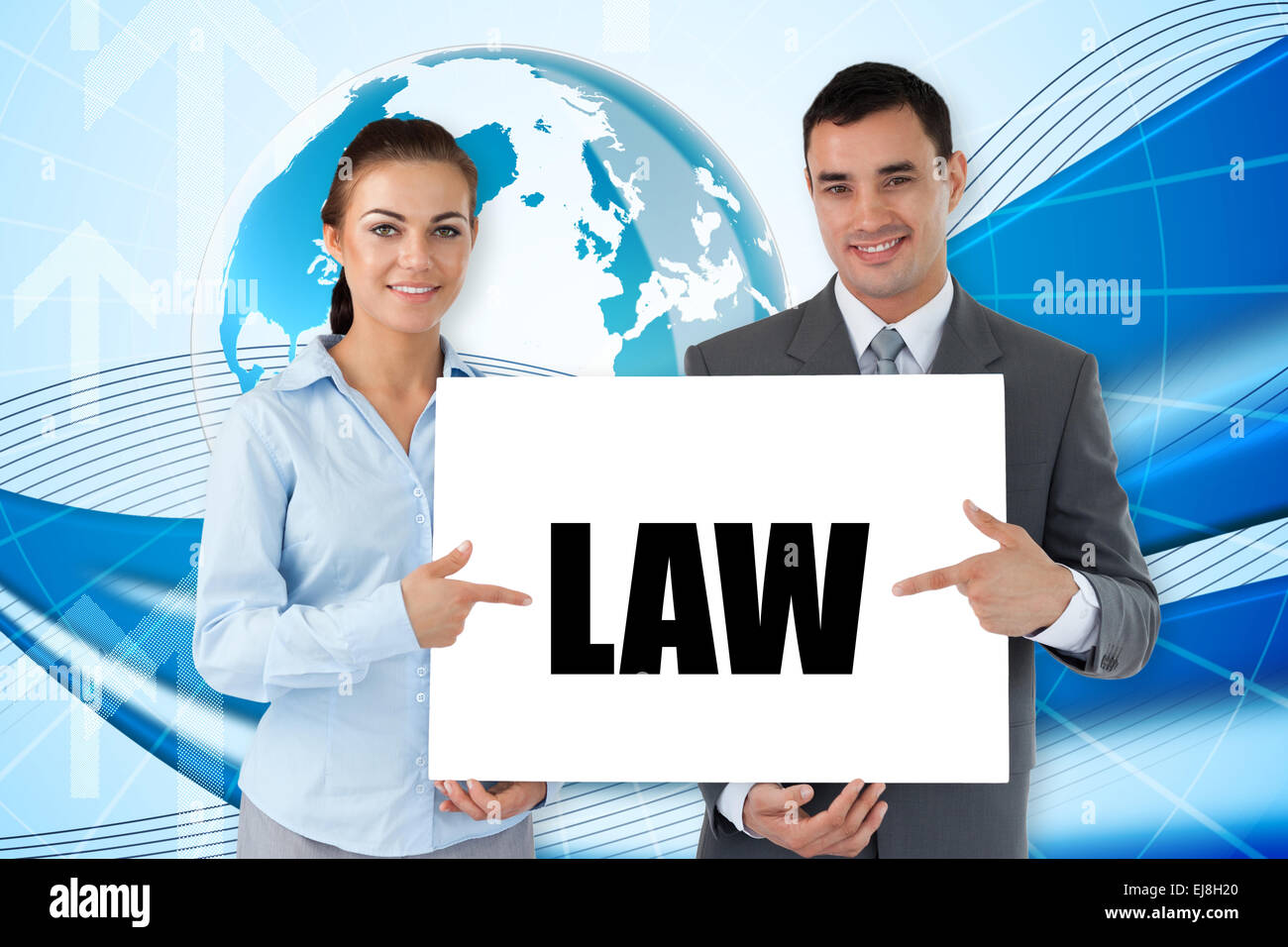 Business partners holding card saying law Stock Photo