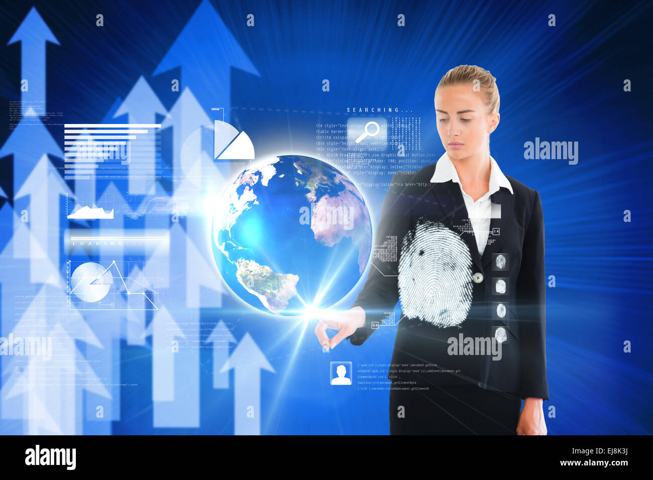 Blonde businesswoman touching earth interface Stock Photo