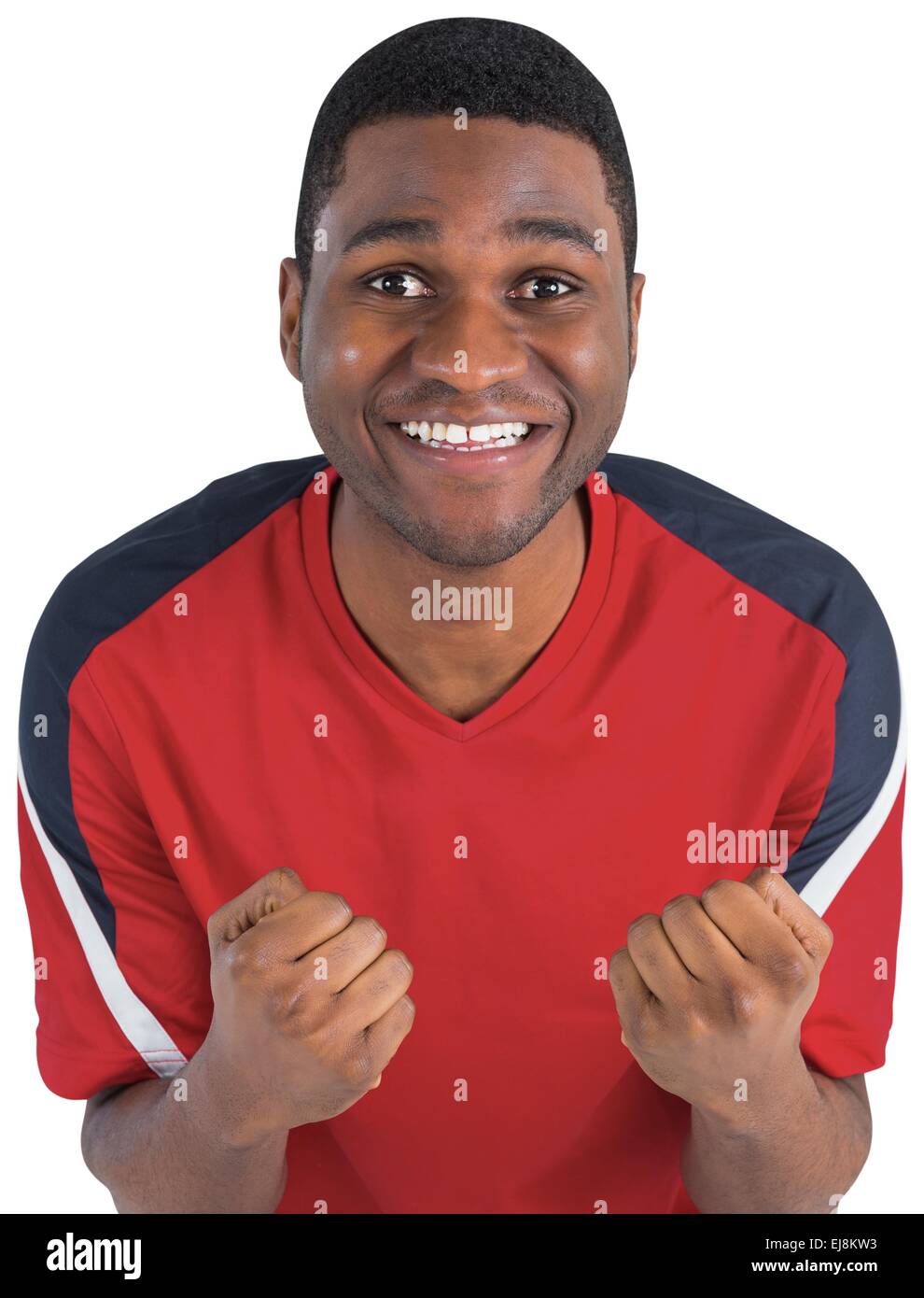 Excited handsome football fan cheering Stock Photo Alamy