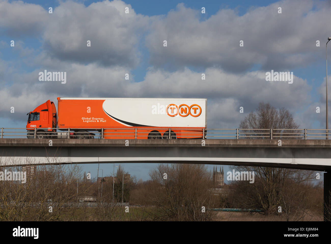 TNT parcels truck travelling through the Midlands in the UK. Stock Photo