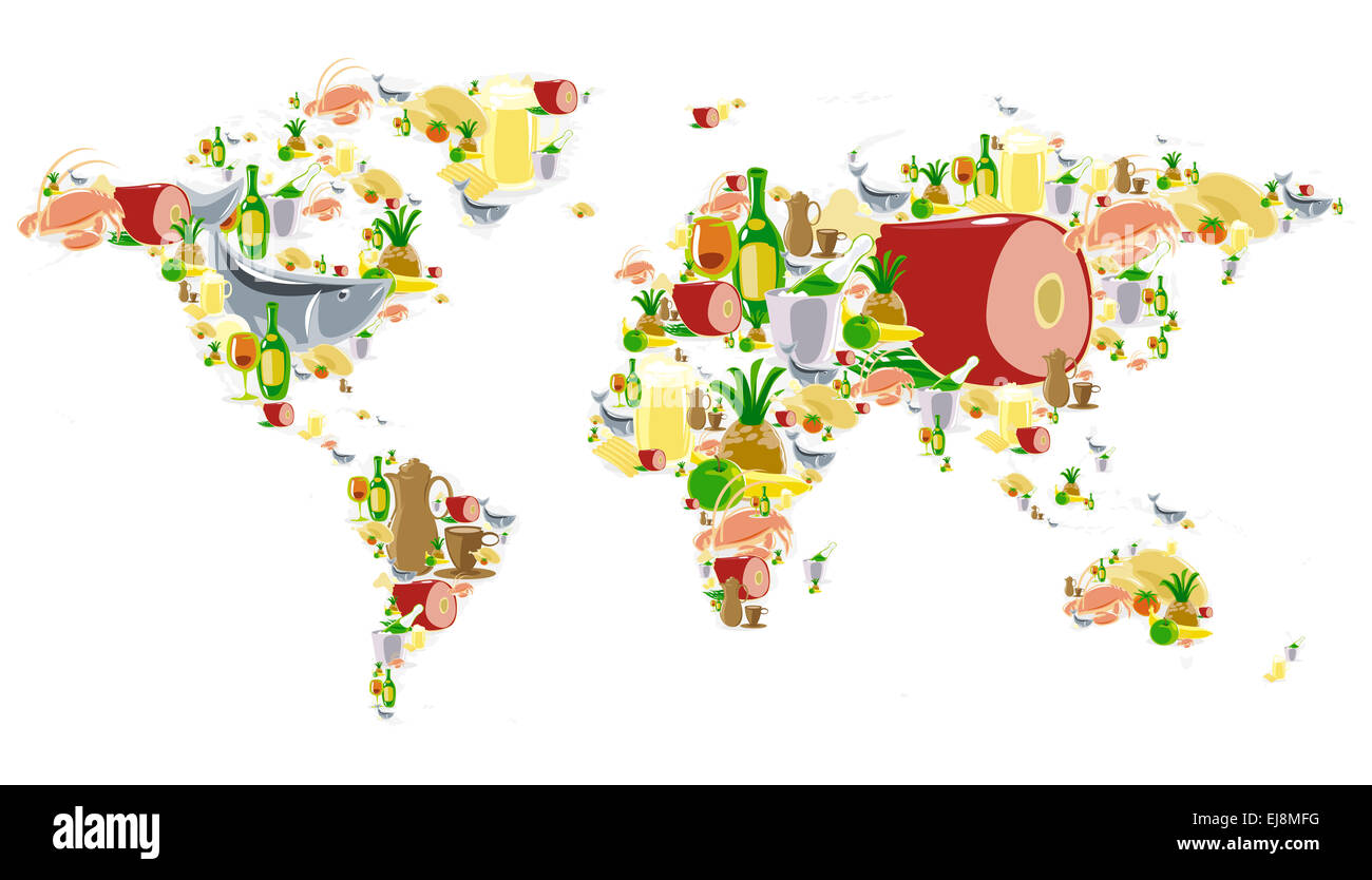World map with food and drinks Stock Photo