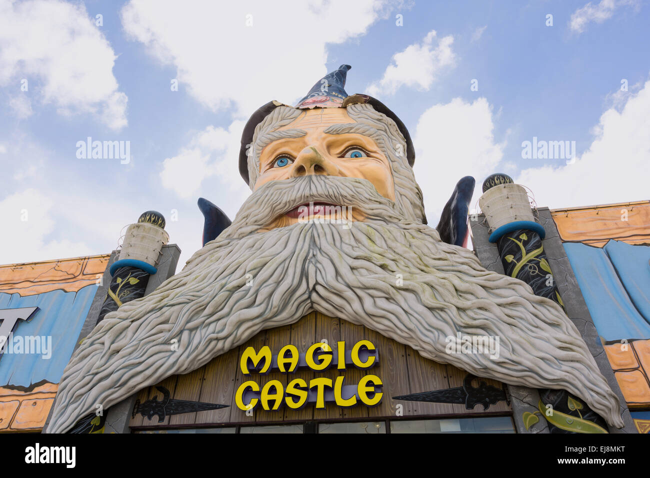 Giant wizard at the entrance to the Magic Castle in Orlando, Florida. Stock Photo