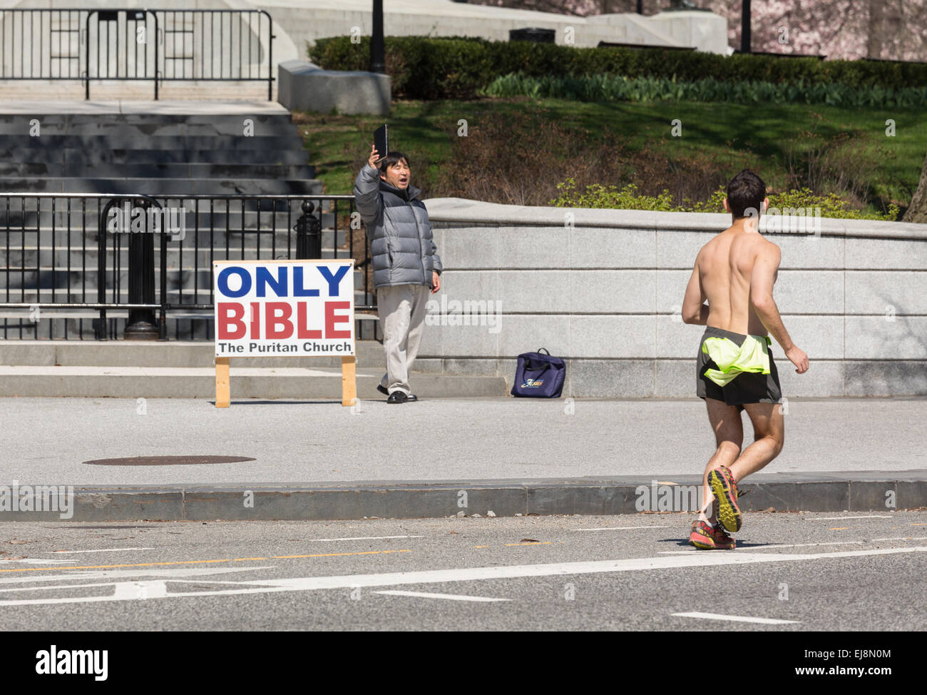 Bible preacher and runner in Washington DC Stock Photo