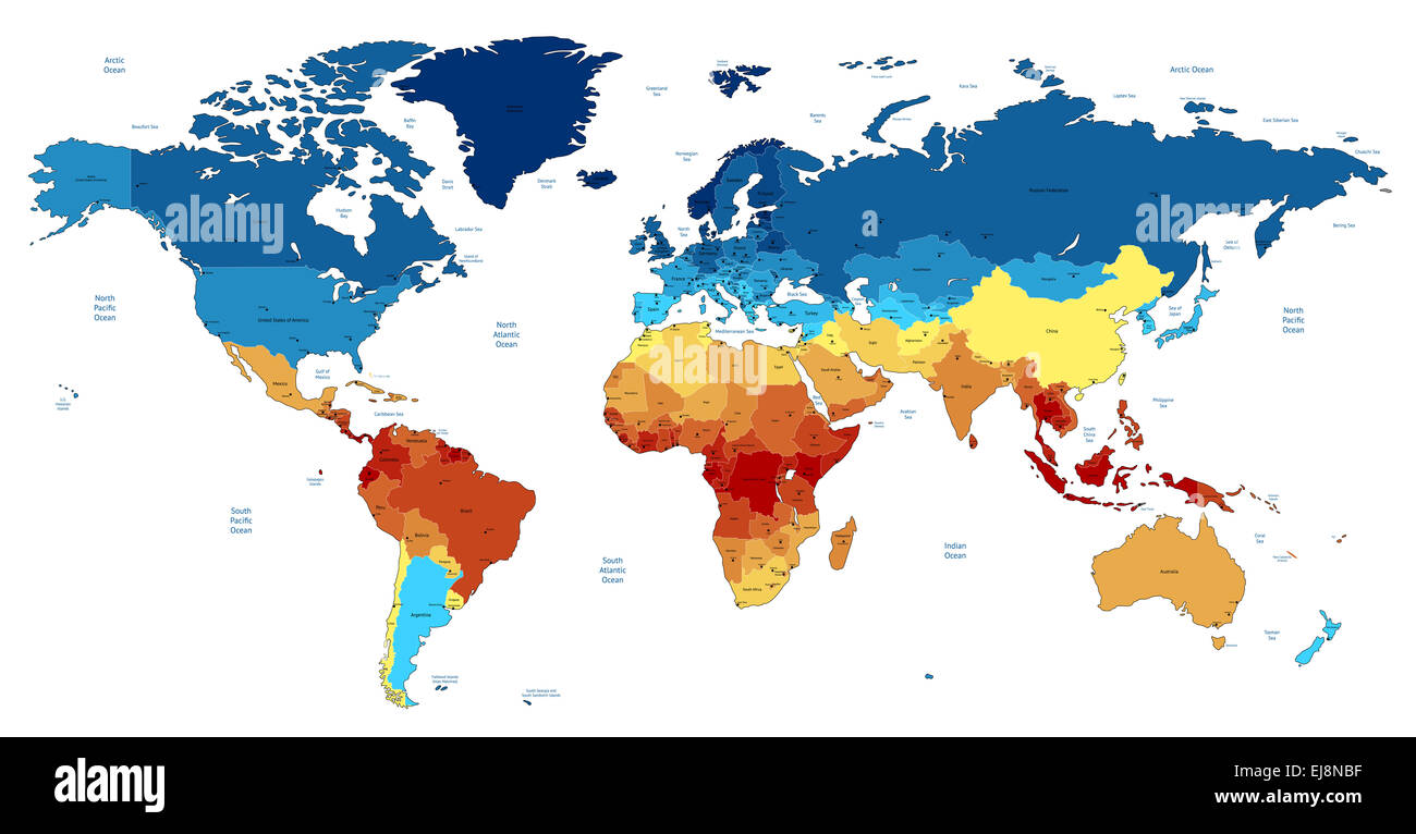 Blue and red detailed World map Stock Photo