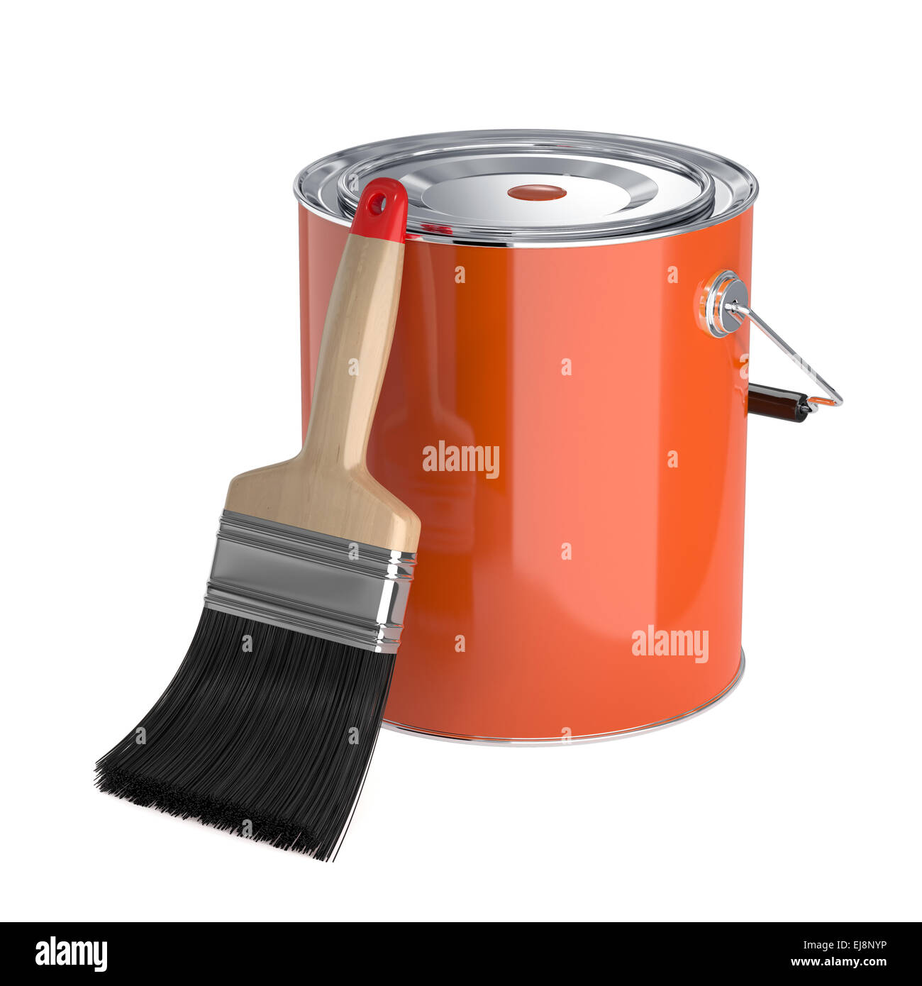 3d rendering of orange paint in the closed can with new clear brush. Renovation concept Stock Photo