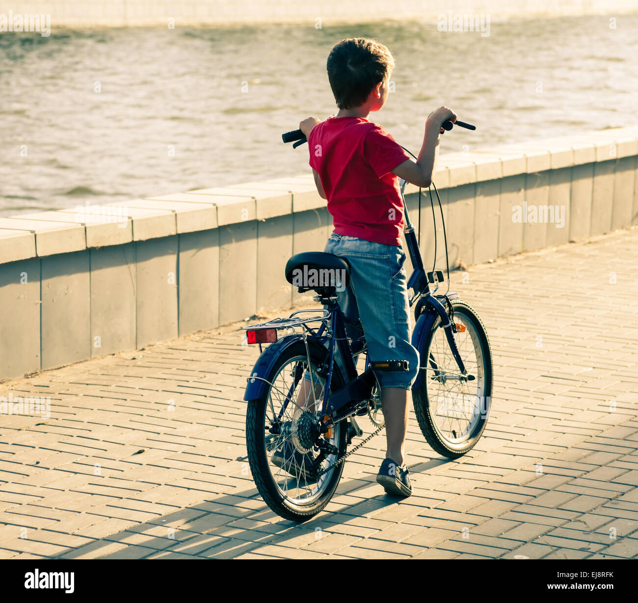 Backside view of a boy on bike near water Stock Photo