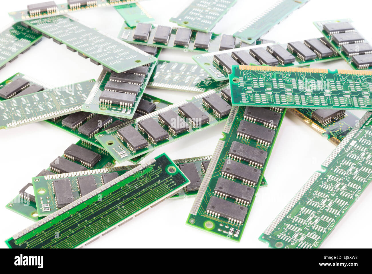 Bunch of computer memory modules against white background Stock Photo