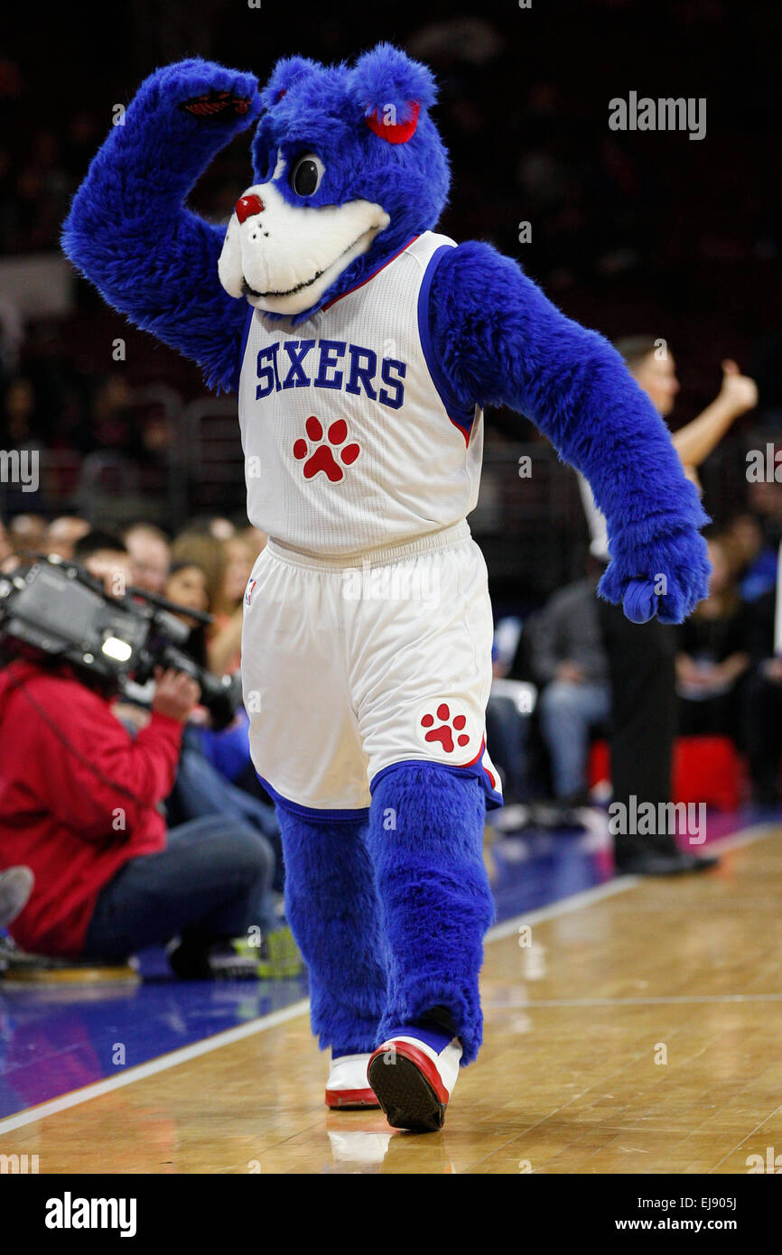 March 18, 2015: Philadelphia 76ers mascot Franklin in action during the NBA game between the Detroit Pistons and the Philadelphia 76ers at the Wells Fargo Center in Philadelphia, Pennsylvania. The Philadelphia 76ers won 94-83. Stock Photo