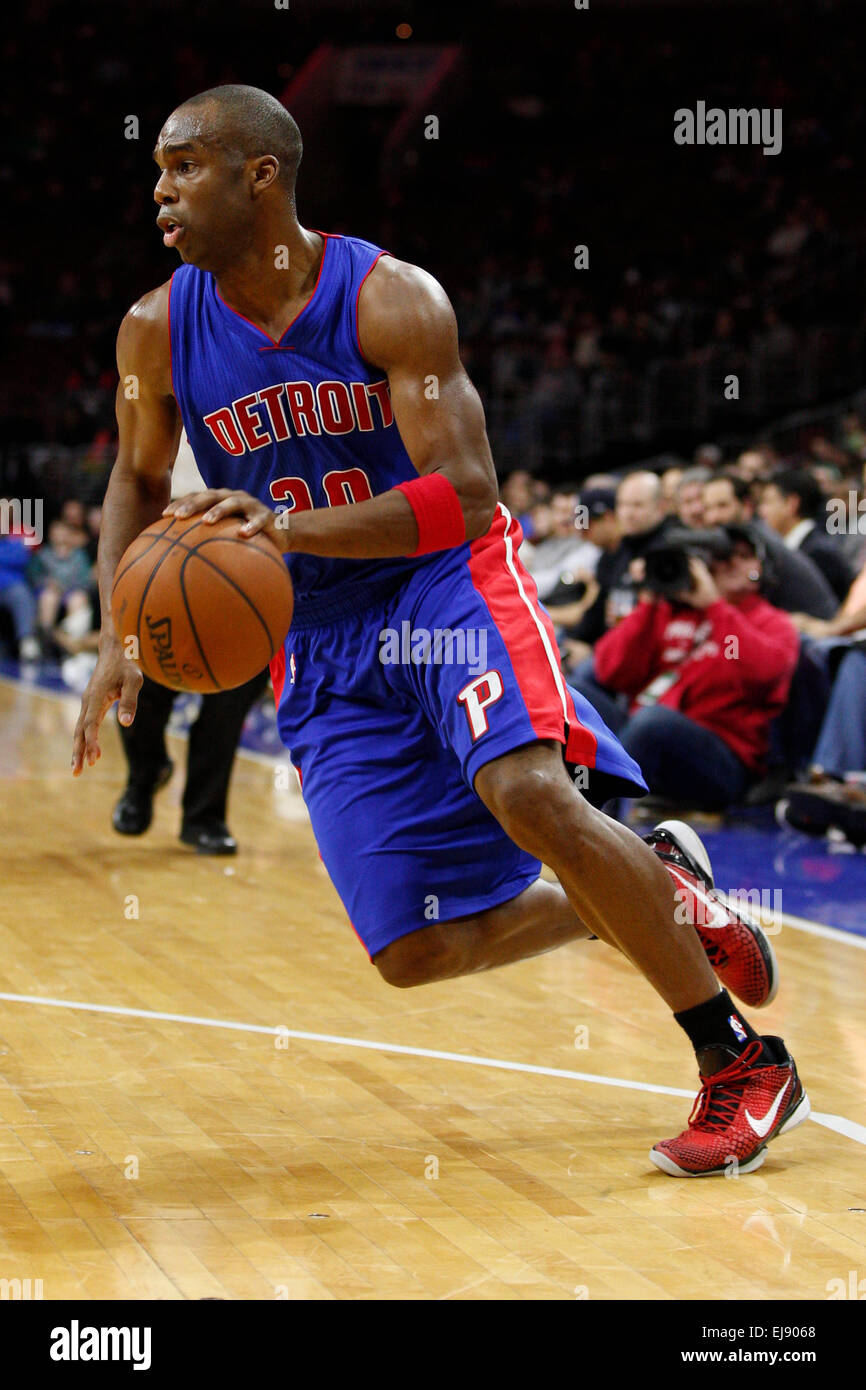 March 18, 2015: Detroit Pistons guard Jodie Meeks (20) in action during the NBA game between the Detroit Pistons and the Philadelphia 76ers at the Wells Fargo Center in Philadelphia, Pennsylvania. The Philadelphia 76ers won 94-83. Stock Photo