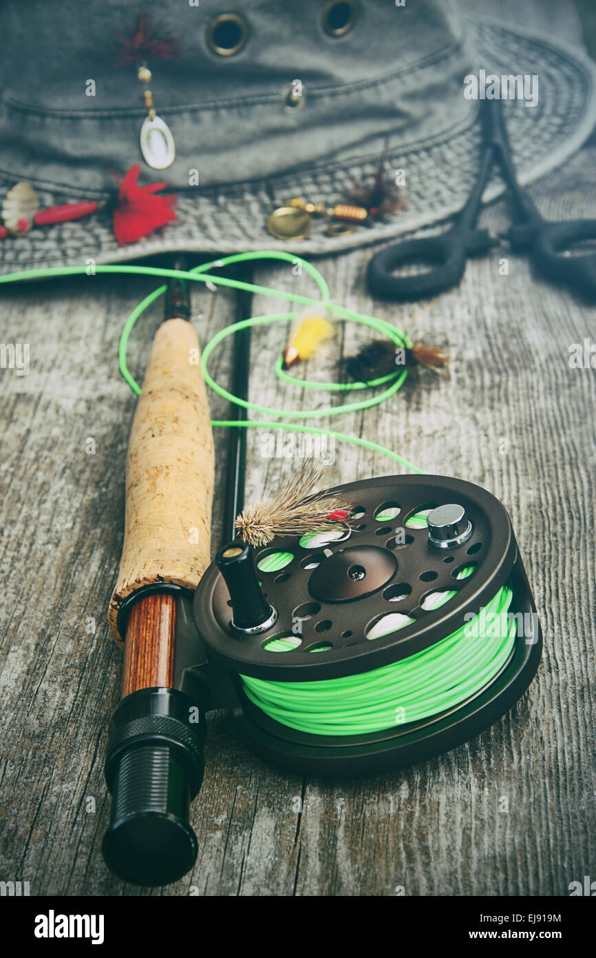 Fly Fishing Reel With Old Hat On Bench Stock Photo 80103904 Alamy
