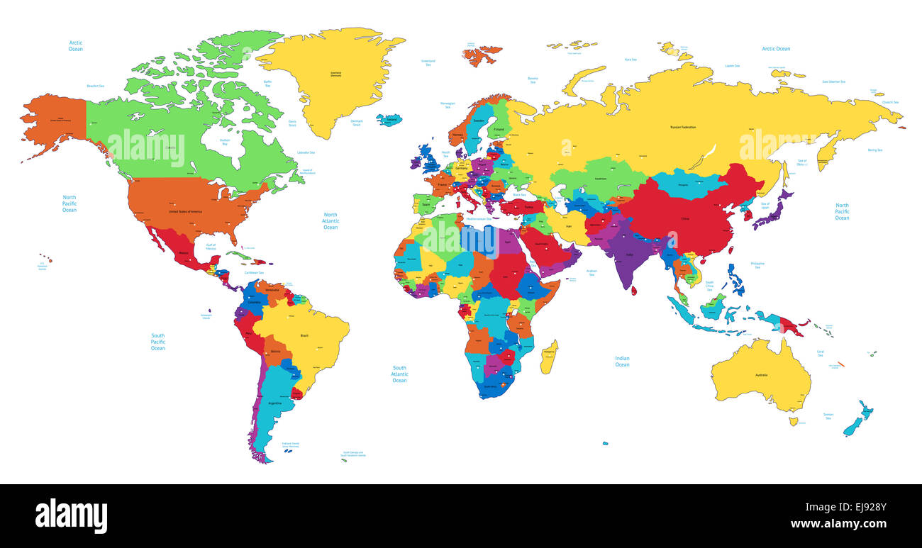 Multicolored detailed World map Stock Photo