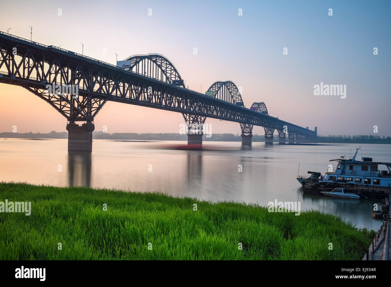 beautiful jiujiang yangtze river bridge at dusk Stock Photo