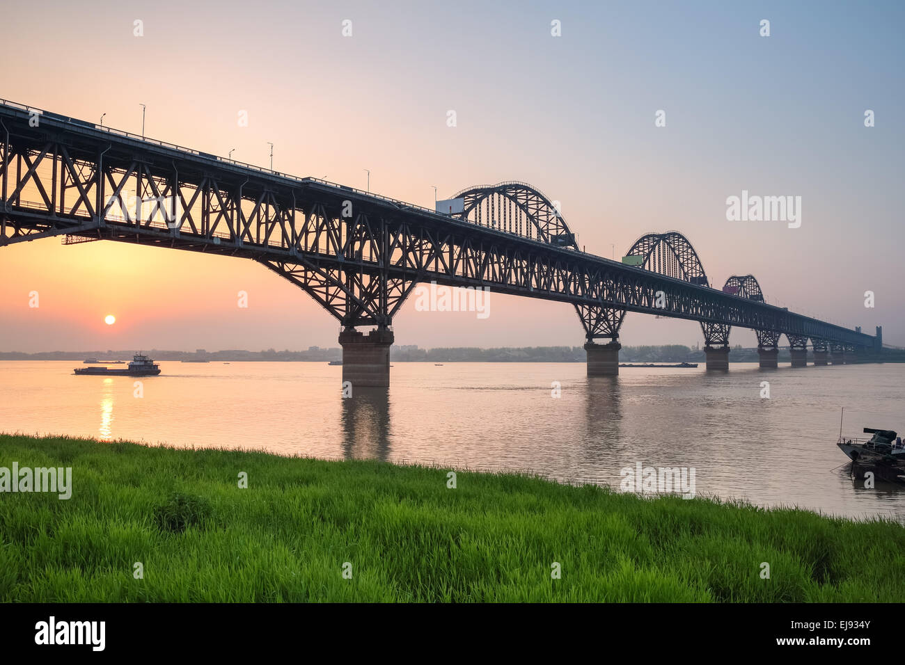 yangtze river bridge in sunset Stock Photo