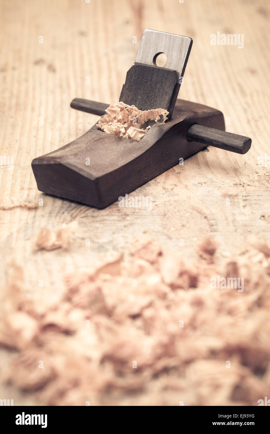 small wood planer and shavings closeup Stock Photo