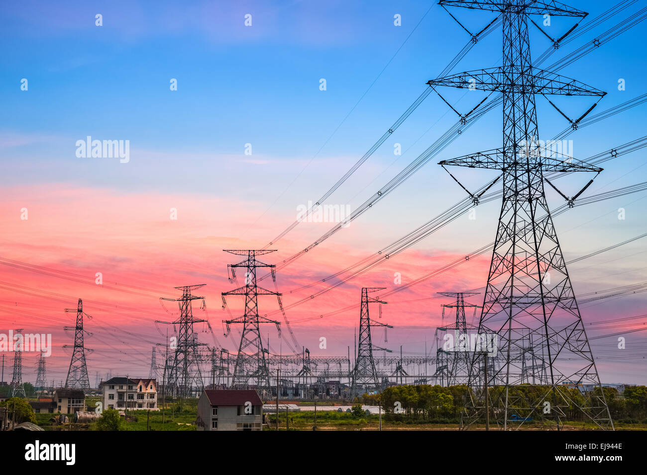 electricity pylon at dusk Stock Photo