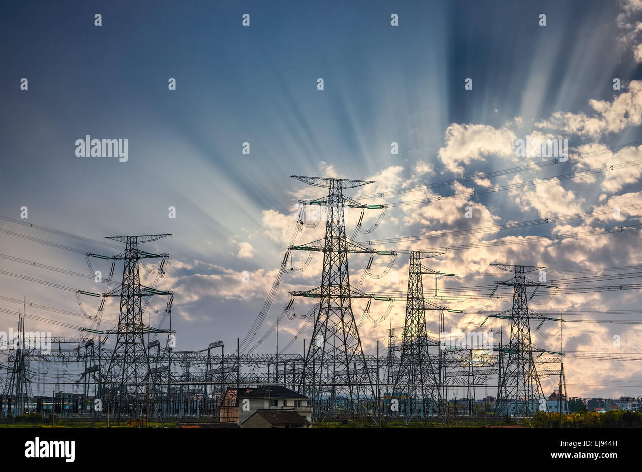 power transmission tower and sun rays Stock Photo
