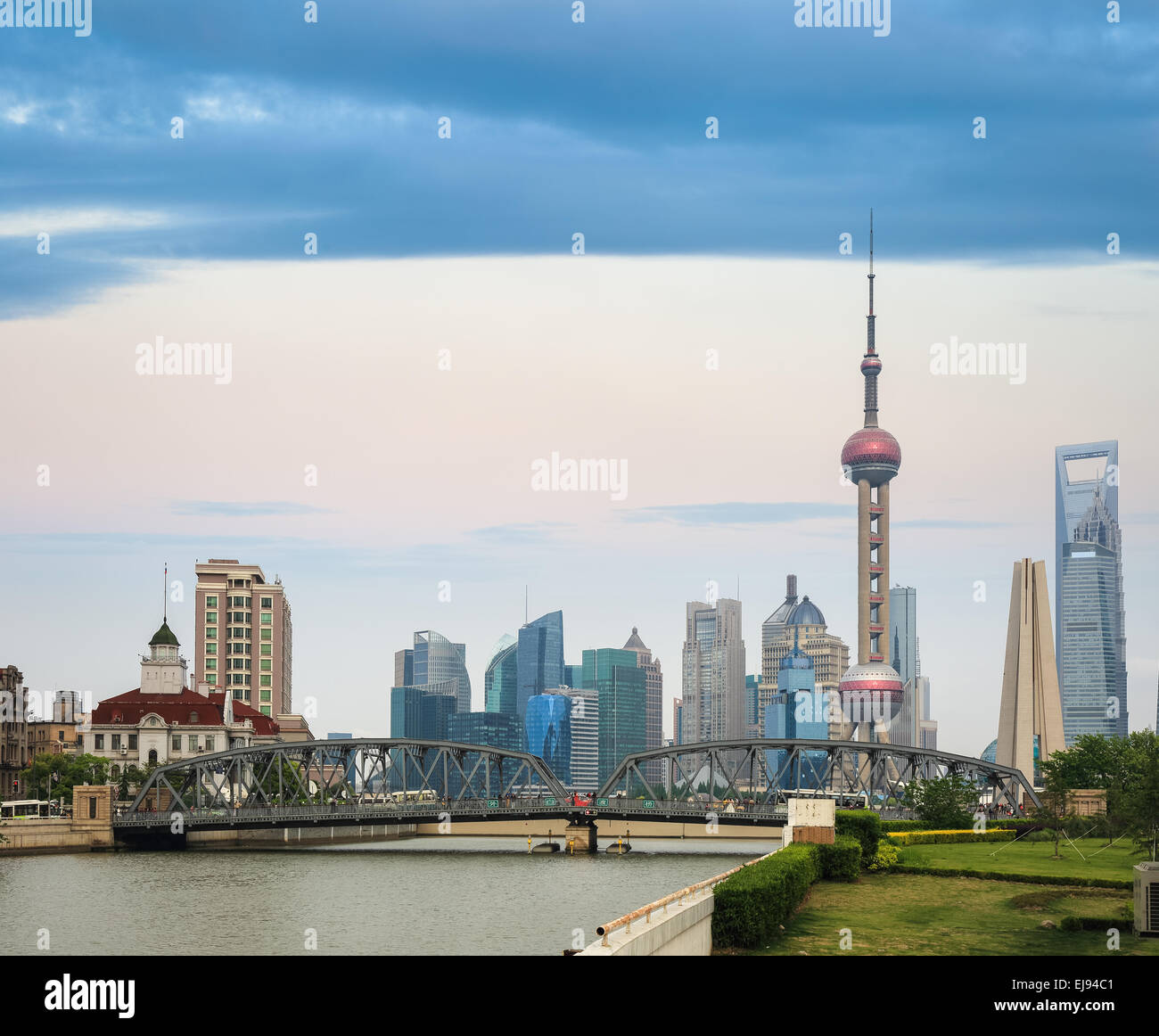 shanghai skyline and the garden bridge Stock Photo