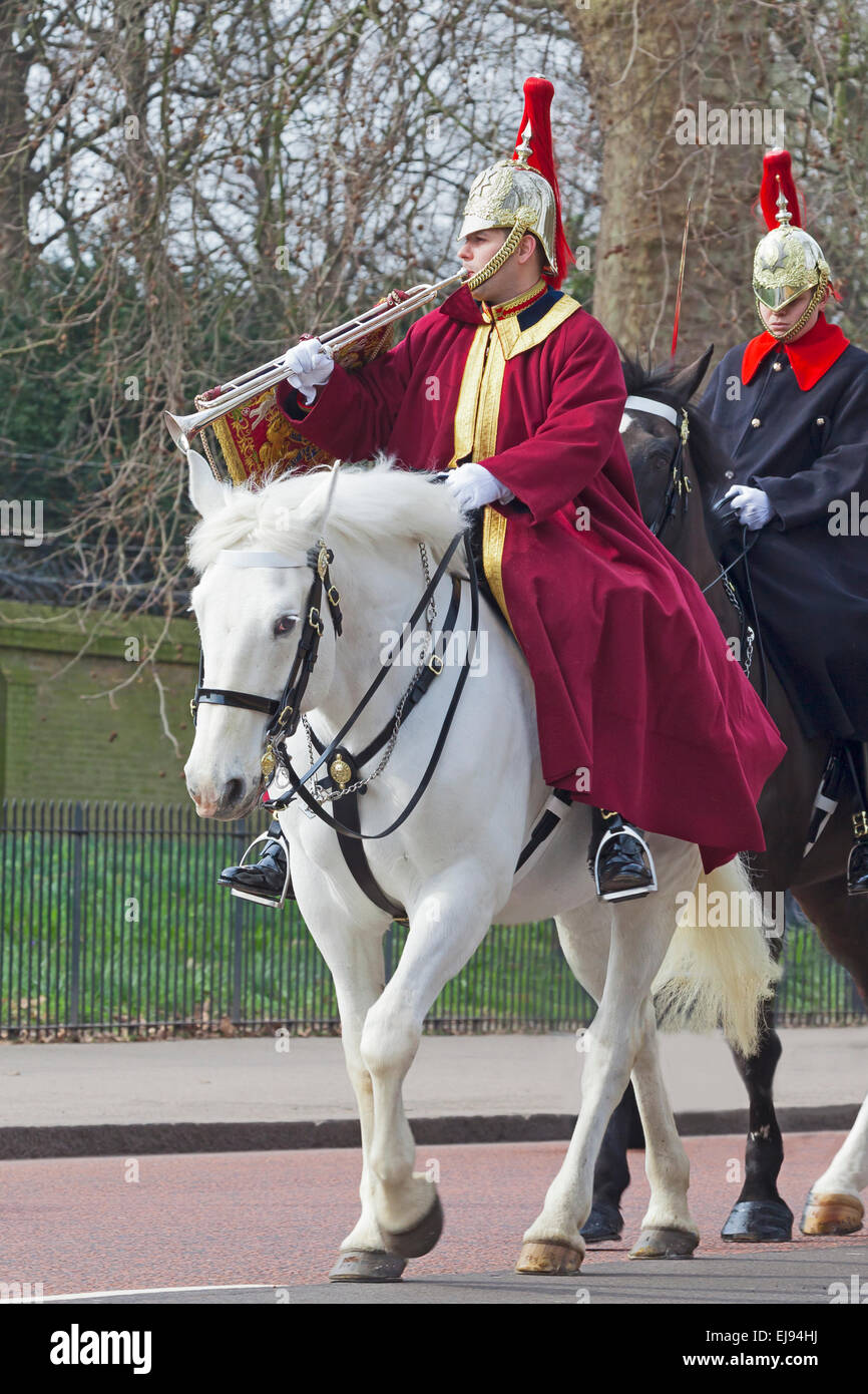 A trumpeter leading a detachment of the Blues and Royals en route to the Changing of the Guard at Horse Guards Parade Stock Photo