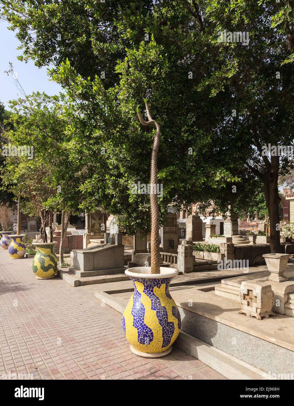 Ornate plant pots cemetery in Coptic Cairo Stock Photo
