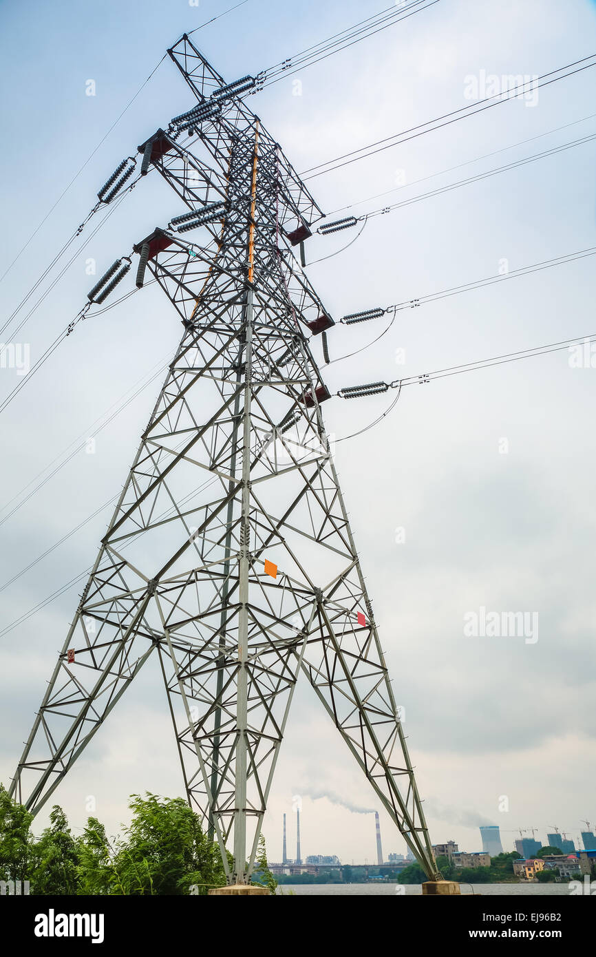 electricity pylon closeup Stock Photo